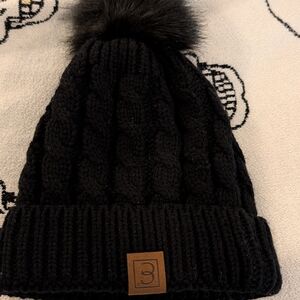 Black Cable Knit Beanie with Pom Pom
